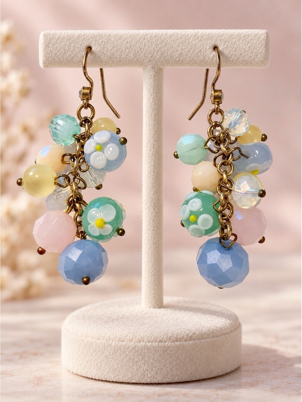 Pastel Floral Beaded Cluster Dangle Earrings Gold Tone Hooks